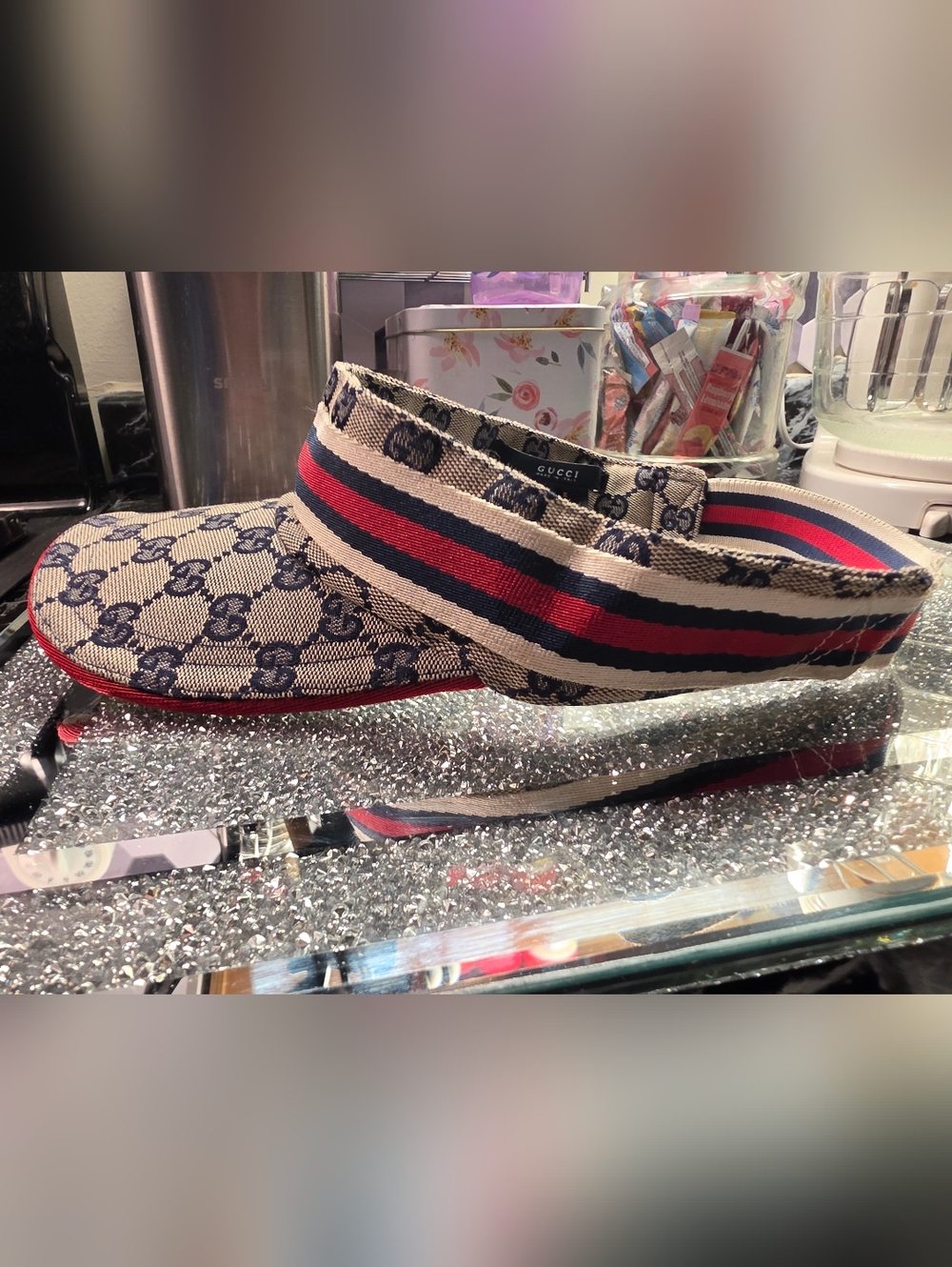 Gucci Beige GG Canvas Sun Visor with Navy & Red Stripe - Picture 3 of 5